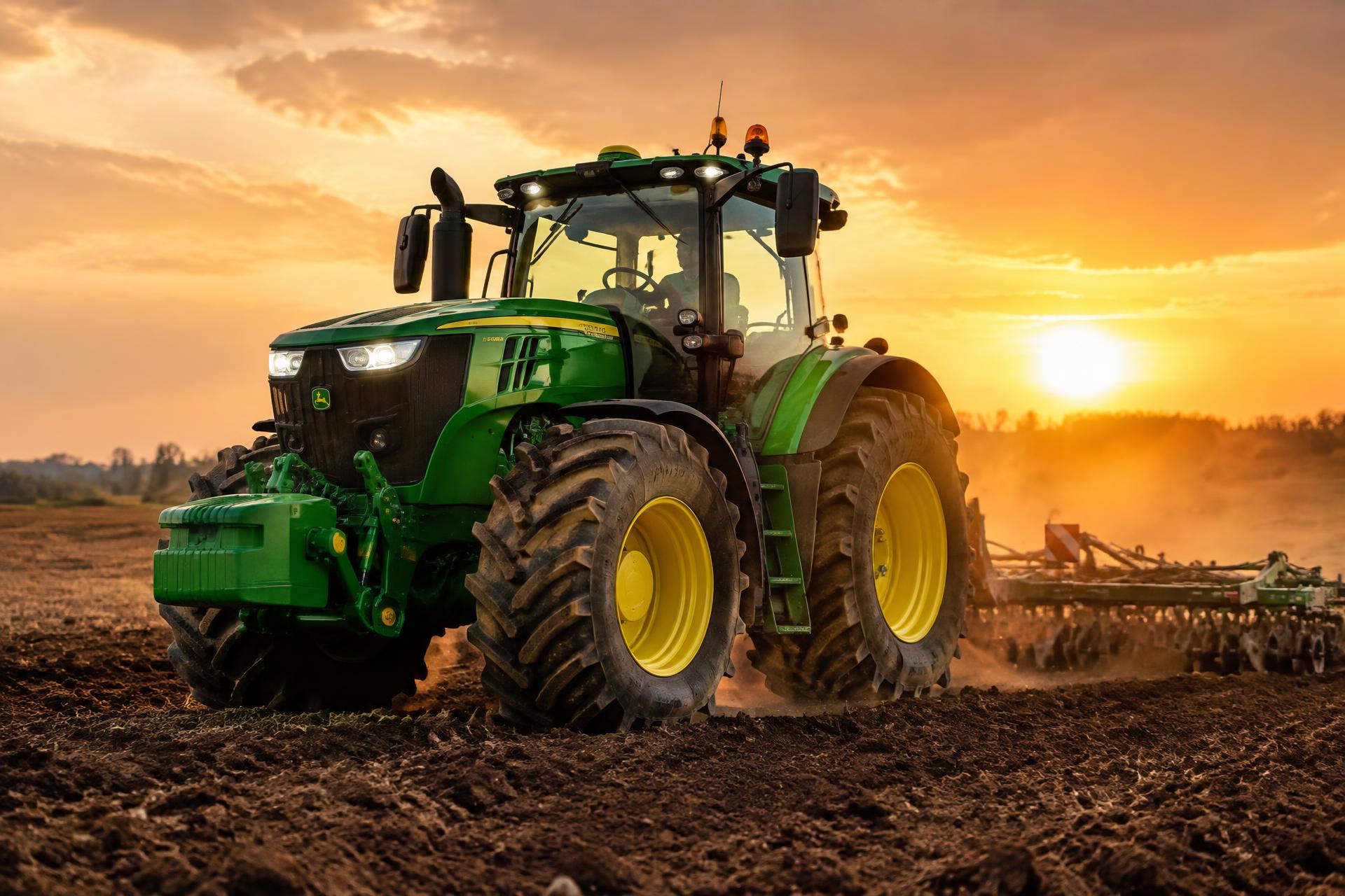 Green farm tractor working a field at sunset